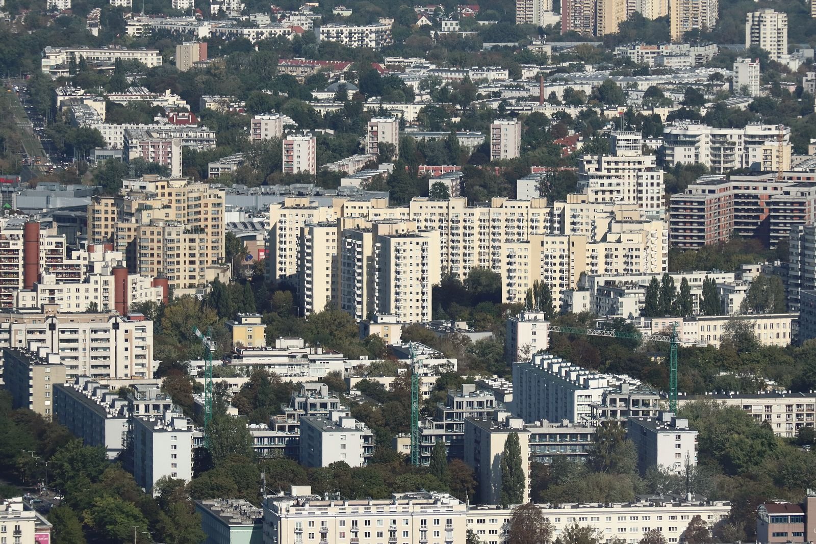 Widok z góry na warszawskie osiedle Stawki: rzędy jasnych bloków mieszkalnych wśród zieleni, w słoneczny dzień.