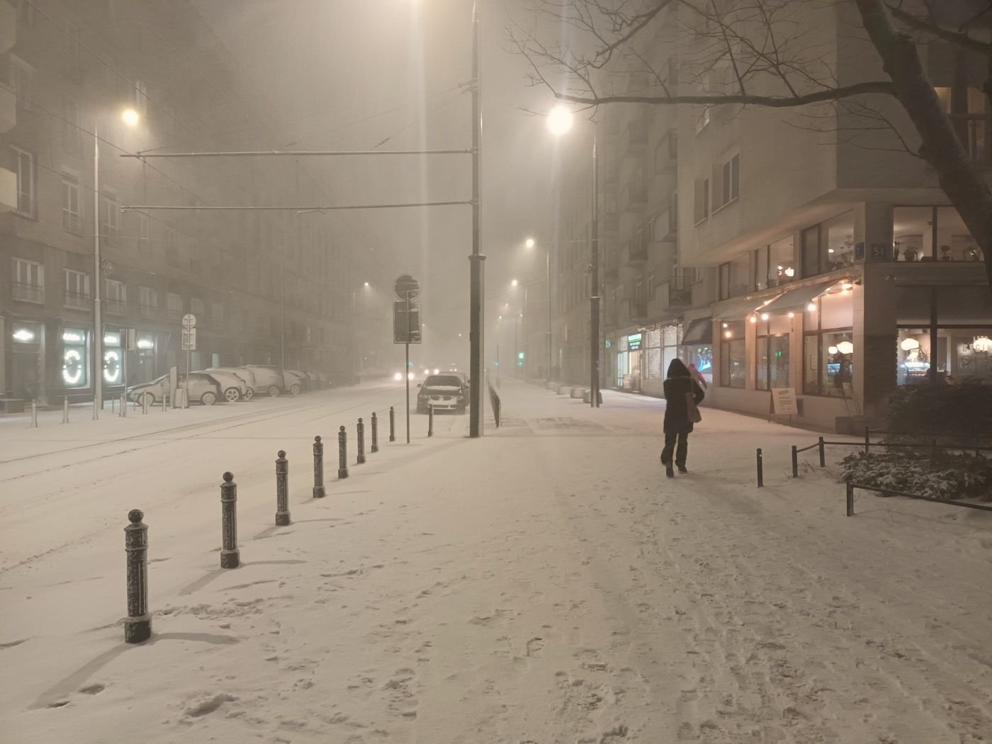 Ulica Nowowiejska w Warszawie w śnieżny wieczór: latarnie w mgle, zaśnieżony chodnik i pojedynczy przechodzień w oddali.